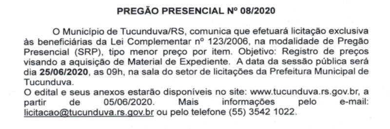 AVISO PP N° 08/2020 - SRP AQUIS DE MATERIAL DE EXPEDIENTE